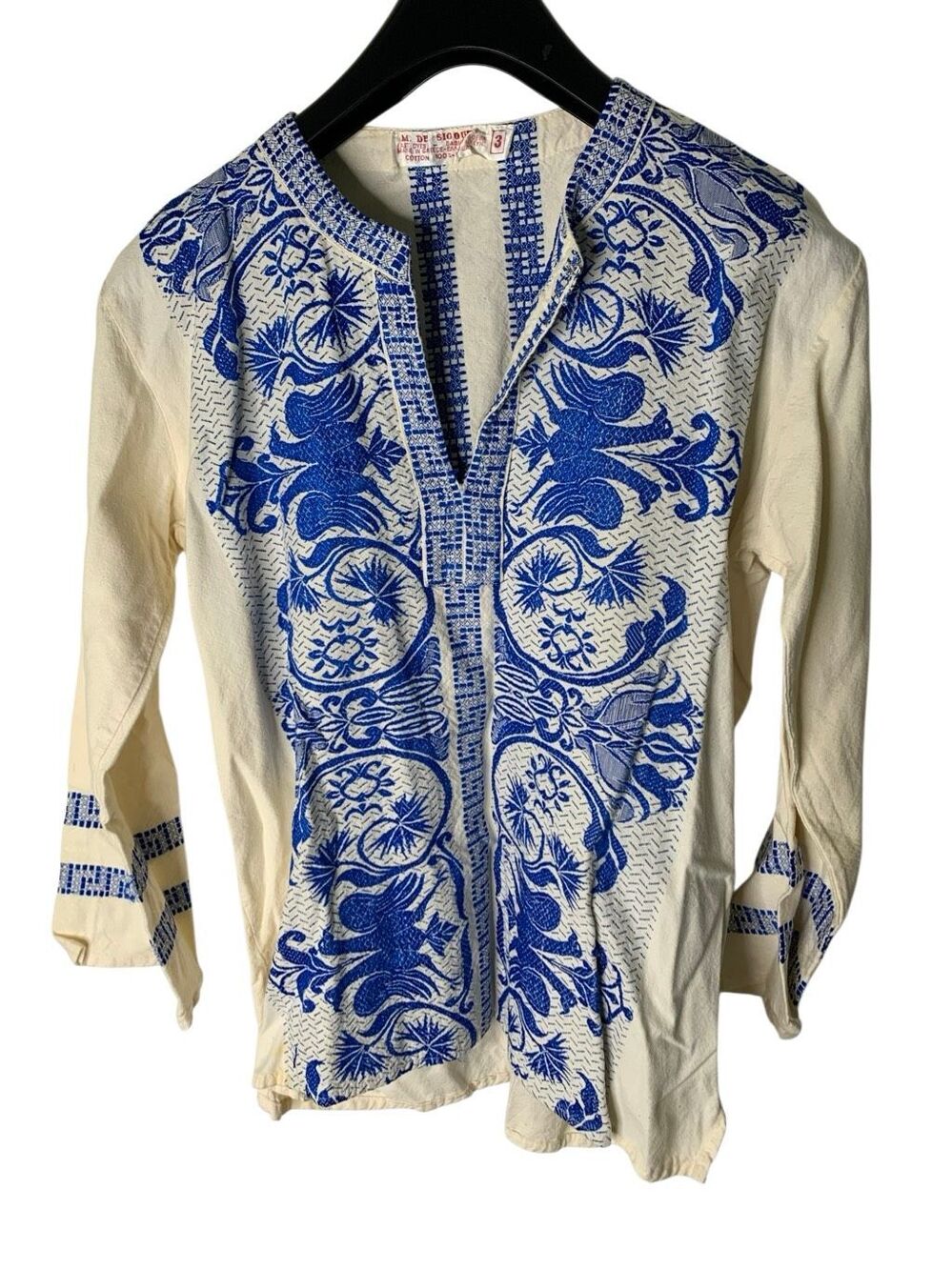 Vintage 70's M. De Sigoura Greece 100% cotton embroidered pullover tunic size 3
